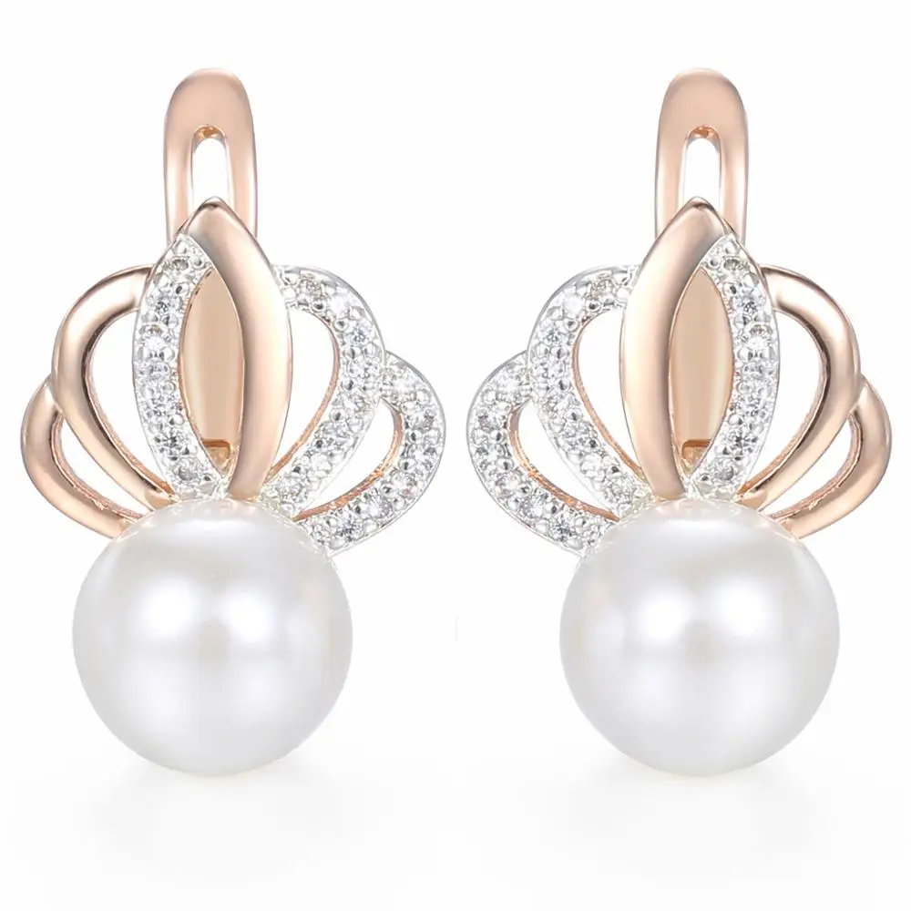 Fashion Pearl Earrings 585 Rose Gold Color Rhinestones Crown Women Girls White Cubic Zircon Stud Earring Female Jewelry Gift