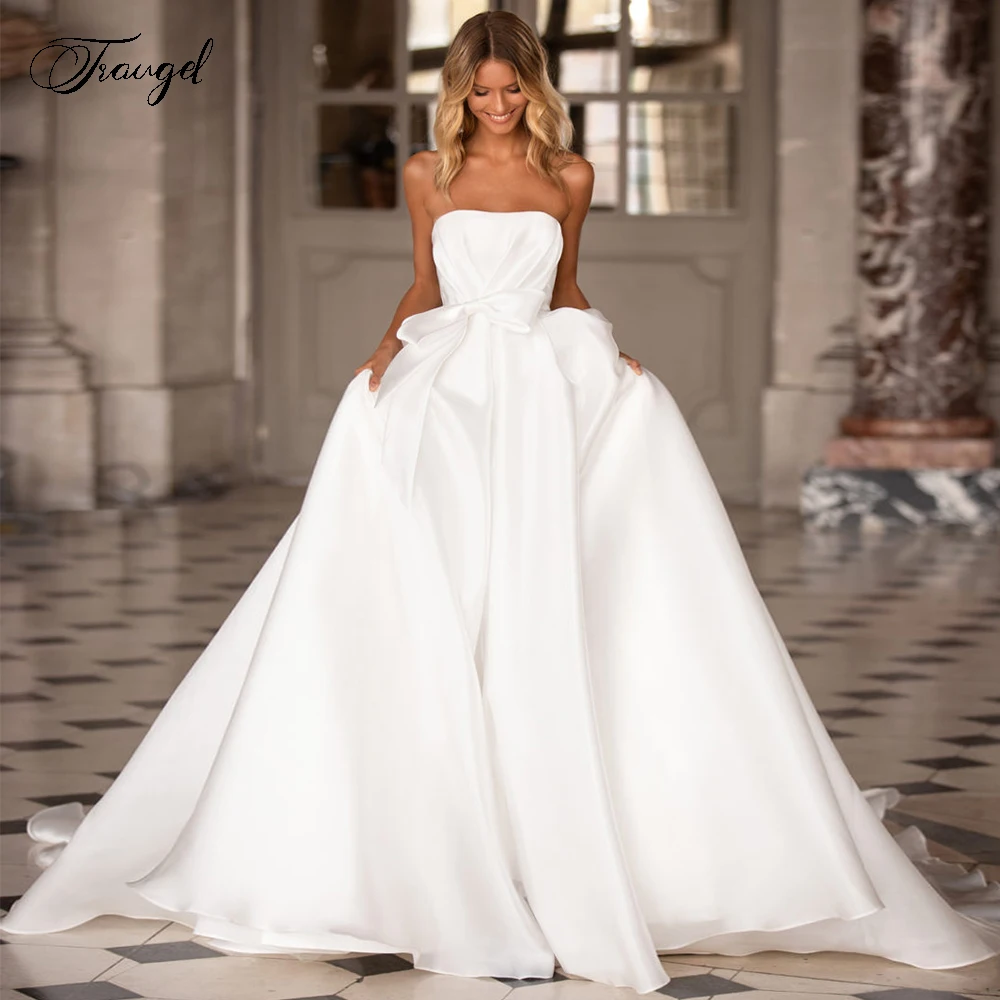 Trugel-vestido de novia de satén sin tirantes, traje elegante con apliques, sin mangas, Espalda descubierta, tren de corte