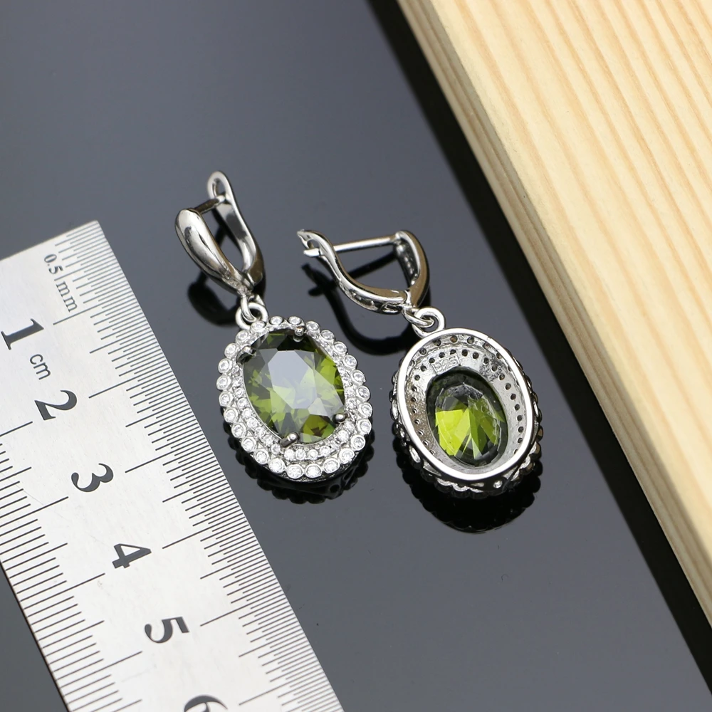 Earrings With Olive Green Stone 925 Sterling Silver Jewelry CZ For Bridal Decoration Earrings Set Dropshipping