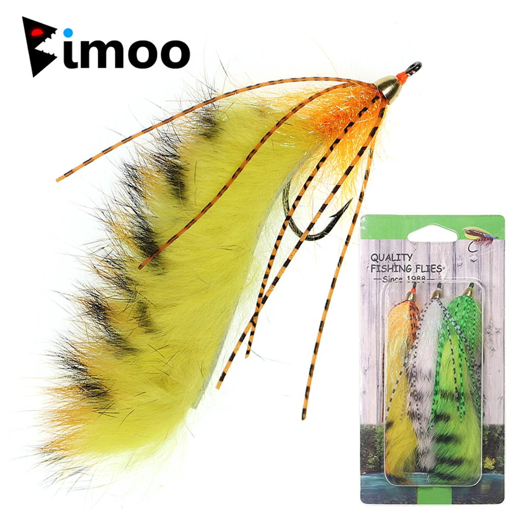 Bimoo 6pcs #1/0 Brass Conehead Zonker Fly Orange White Yellow Streamer Fly Lure Bait for Trout Bass Pike Fishing