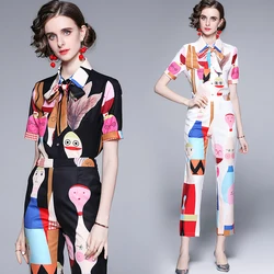 2021Fashion Designer Twinset Summer Women Short Sleeve Cartoon Print Loveliness Elegant Shirt Tops and Pencil Pants 2 Piece Sets