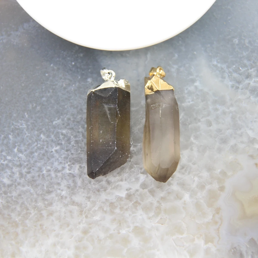 1pcs Smoky Quartz Point Stick Pendants Natural Crystal Golden/Silvery Caps Necklace DIY Earring Jewelry Making Accessories