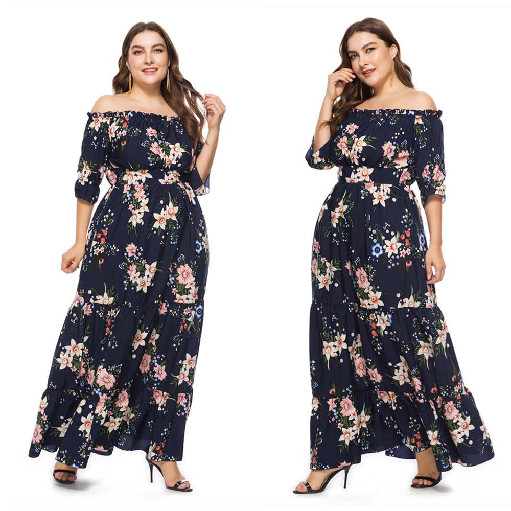 2021 Summer Hot Sale European And American Style Plus Size Bohemia Slash Neck Printed Dress For Women