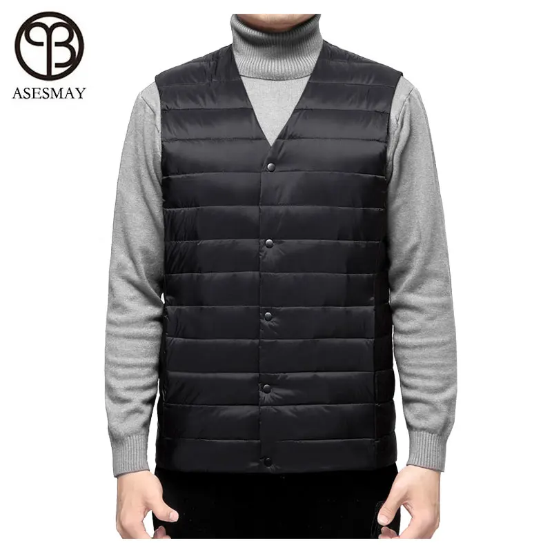 Asesmay 2020 New Man Ultra Light Down Vest Spring Autumn Sleeveless V-Neck Vest Male Jacket Casual Winter Collarless Waistcoat