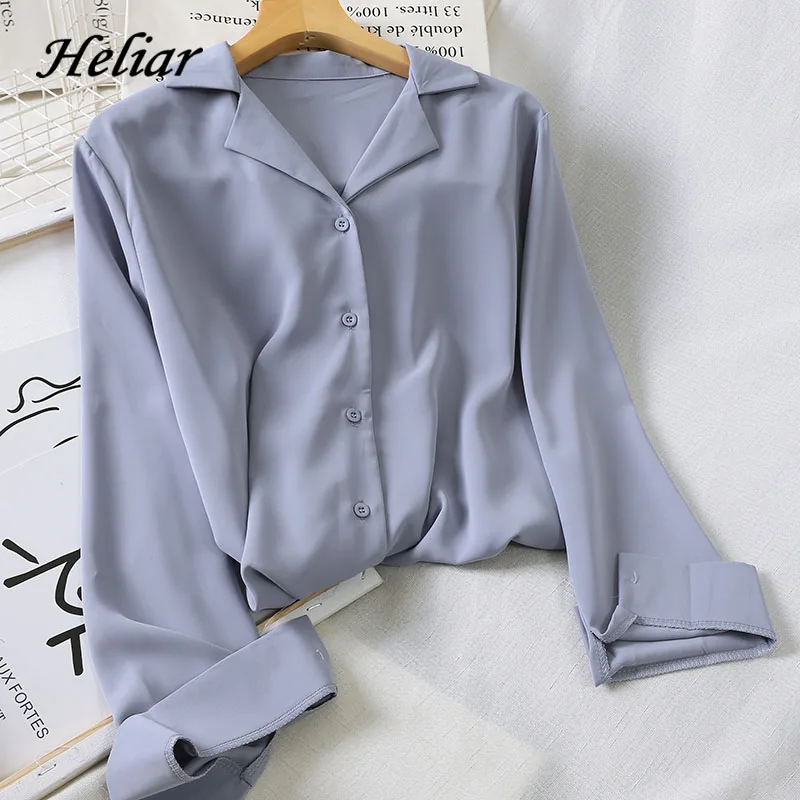 

HELIAR Women Spring Chiffon Shirts Long Sleeve V-Neck Buttons Up Tops Thin Blouse Elegant Blouse Solid Loose OL T-shirts Summer