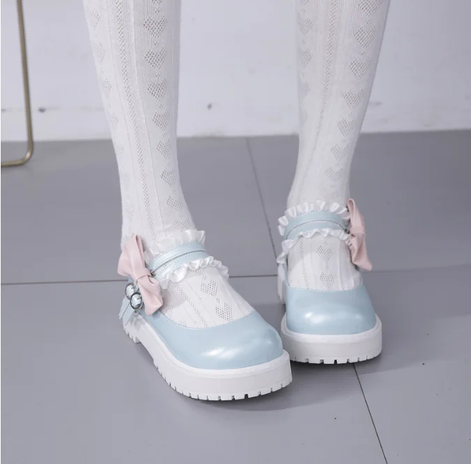 Kawaii girl lolita shoes low heel round head lace bowknot comfortable kawaii shoes tea party women shoes sweet lolita loli cos