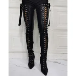 Sexy women Crotch Over Knee Hollow Out Summer Boots Ribbon Lace Up Thigh High Boot Out Strappy Gladiator Heels Big Size 14 15