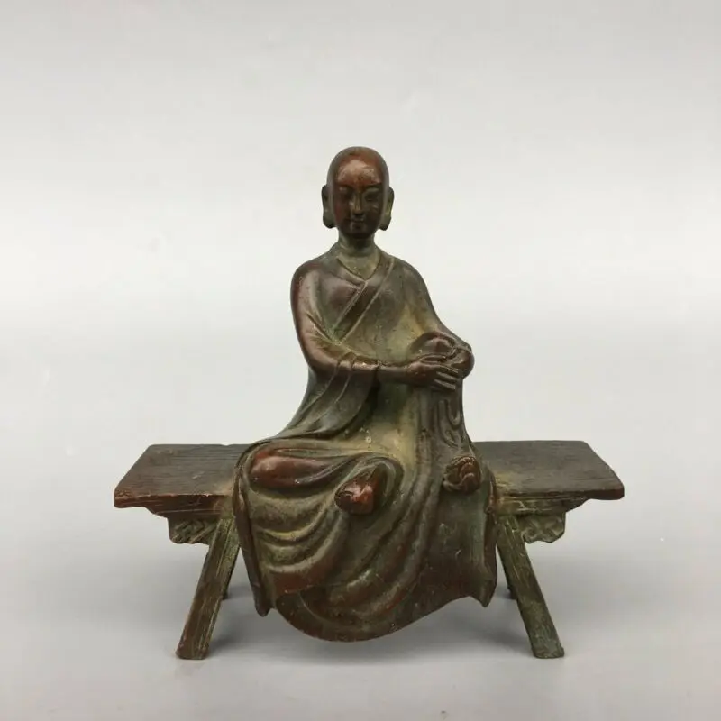 

4.9" Chinese Bronze Buddhism Stool Buddha Buddhist Monk Hold Leg Statue