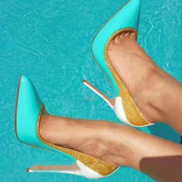 

Gold Glitter Patchwork Dress Shoes Pointed Toe Mint Blue Leather 12cm Stiletto Heels Pumps Shallow Celebrating Shoes