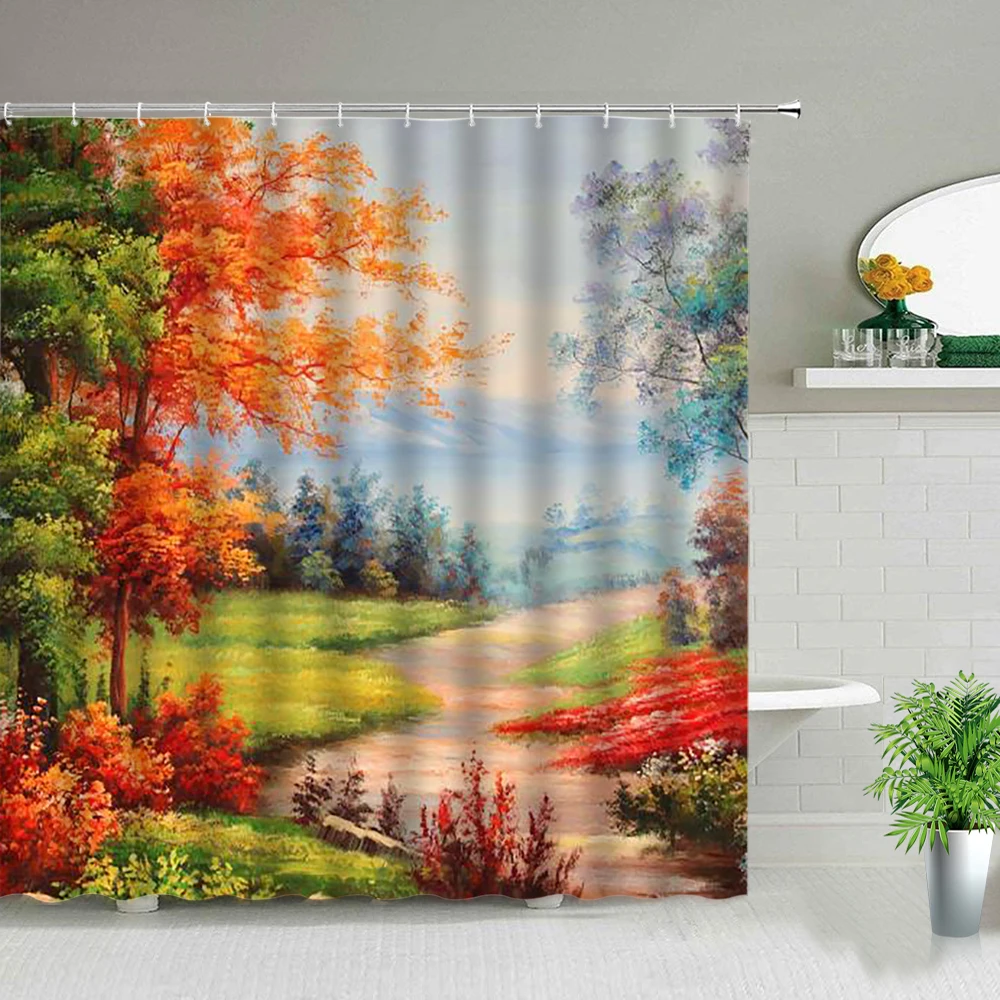 Oil Painting Scenery Shower Curtains Flowers Plant Swan Spring Landscape Bath Curtain Waterproof Bathroom Decor Polyester Cloth