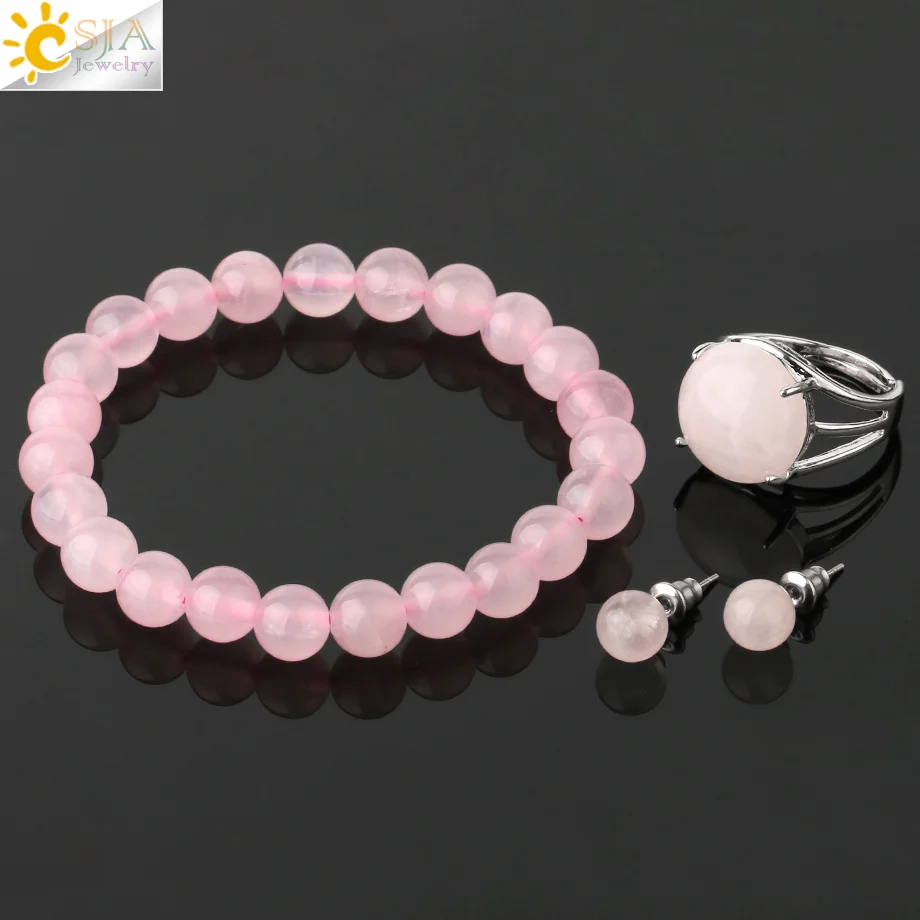CSJA Natural Stones Jewelry Sets Healing Pink Quartz Purple Crystal Green Aventurine Stud Earrings Bracelets Ring for Women G369