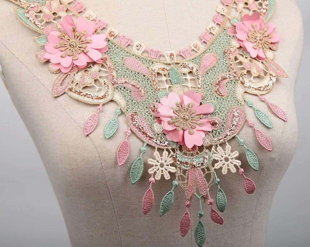 5pc Gold Pink Greeen 3d Vintage Embroidery Flower Collar Venise Lace Sewing Applique Fabric Patches For Clothing Ancient