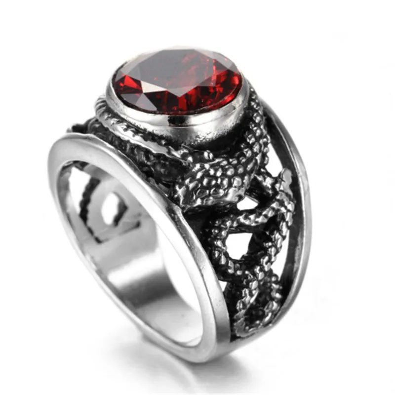 European and American stainless steel ring men\'s jewelry vintage inlaid red and black stone plate snake titanium steel ring