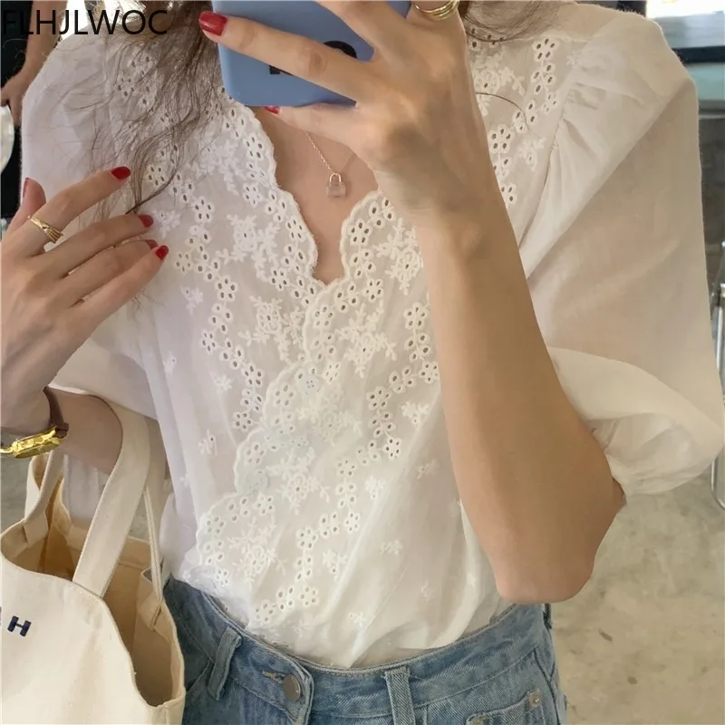 Women Chic Korea Design Clothes Fashion Short Sleeves Solid Lace Hollow Out Embroidery Tops Single Breasted Button White Shirt