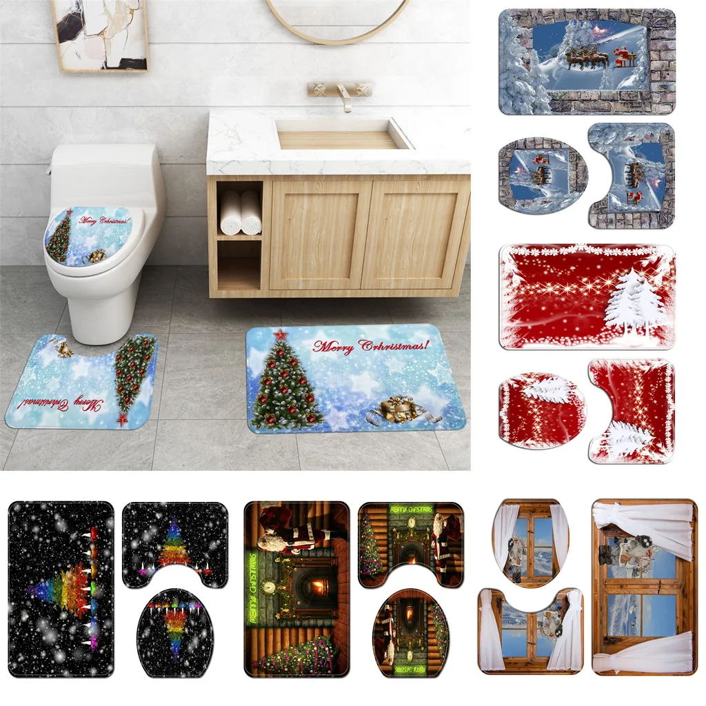 Merry Christmas Bath Mat Toilet Mats Toilet Lid Cover 3pcs Set christmas decoration Bath Mat Toilet Mats Toilet Lid Cover 3pcs S