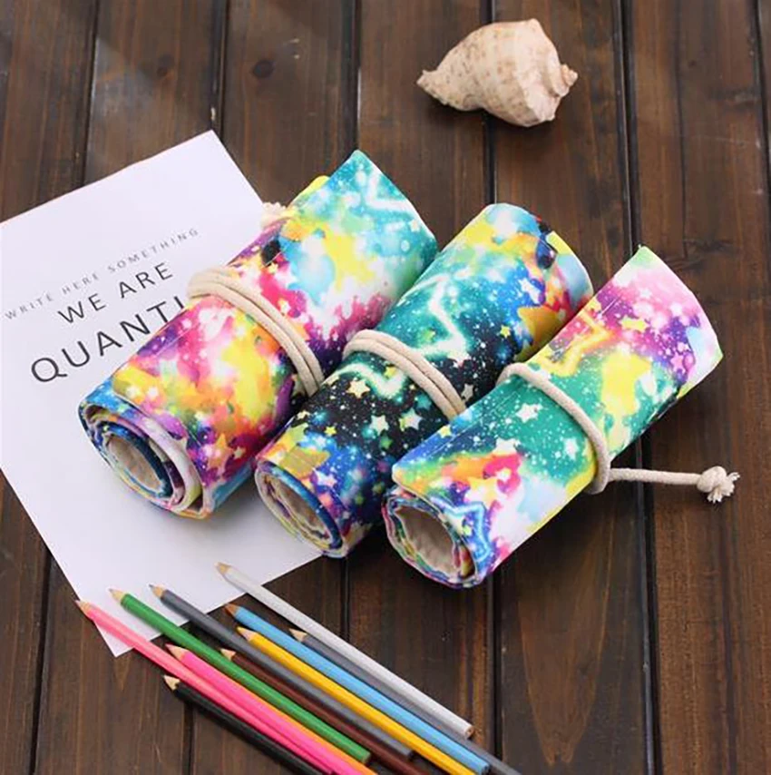 Starry sky Canvas Pencil Case Rolling Curtain Drawing Brush Storage 36/48/72 holes Pencil Bag for Student Stationery Organizer