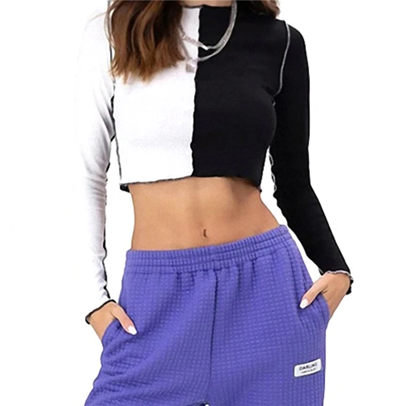 2021 Fashion Trend Women's Color Block Crop Tops Casual Long Sleeve Round Neck Two Tone Slim Fit Tee Spring Skinny T-shirts