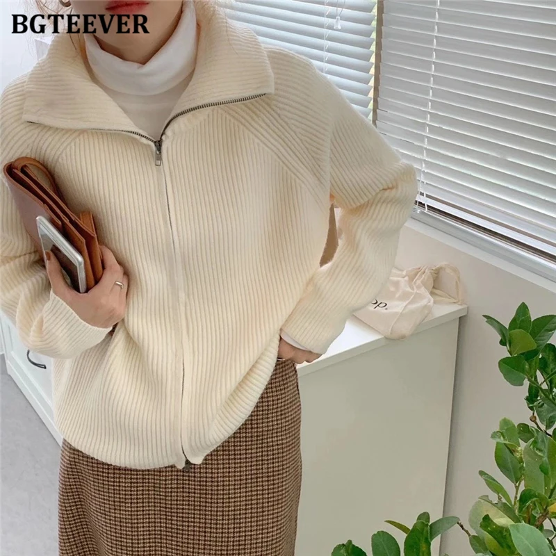 

BGTEEVER Autumn Winter Knit Jacket Loose Zippers Female Open Stitch Sweaters Stand Collar Full Sleeve Women Cardigans Tops 2021