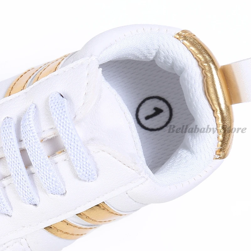 First Walkers Baby Girl Gold Shoes autunno PU Leather Toddler Boy Sneaker scarpe da neonato nere a righe Outdoor Soft antiscivolo