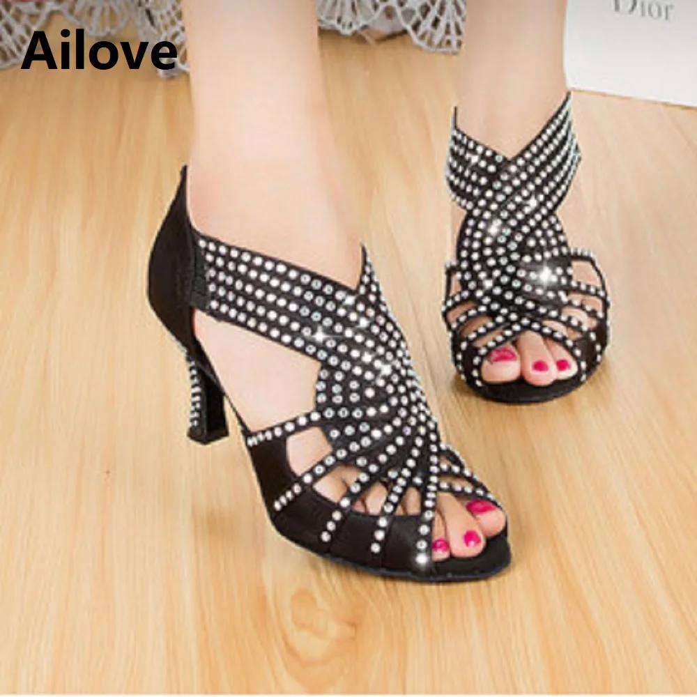 Rhinestones Ballroom Latin Dance Shoes Women Salsa Rumba Performance Peep-toe Danc Sandals Multiple Heel Height ALS035