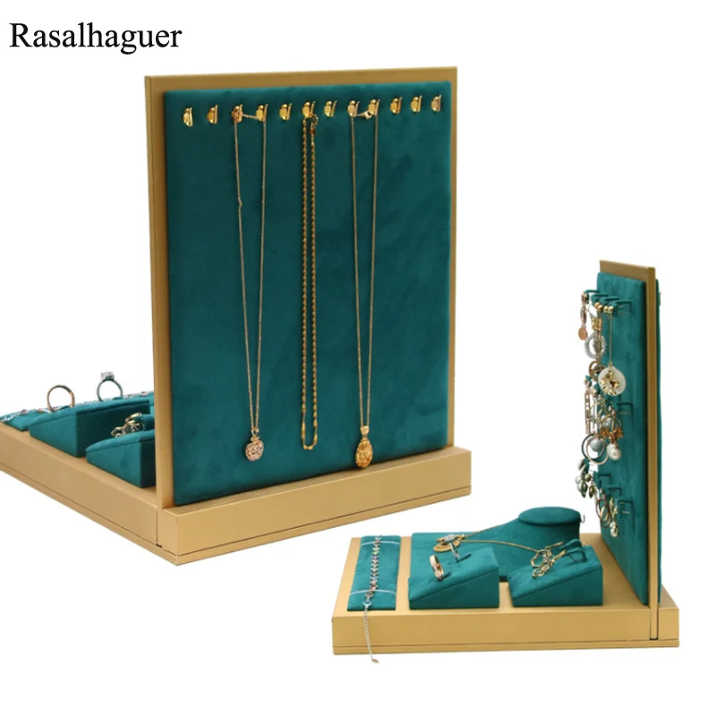 

New 6in 1Set Necklace Bracelet Ring For Counter Jewellry Dispaly Jewelry Earring Holder Ornament Display Stand Green Microfiber