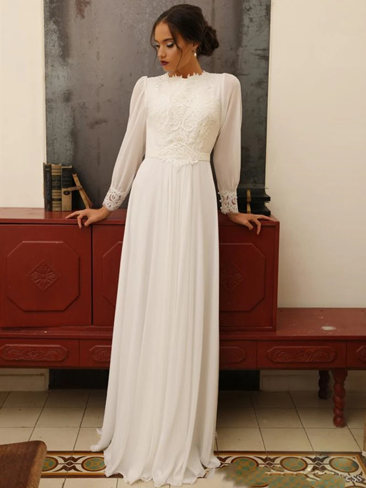 Vestidos de novia de gasa de encaje con apliques, cuello alto, manga larga hasta el suelo, diseño Vintage, vestido de novia