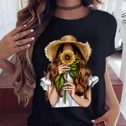 Camiseta con estampado de girasol para mujer, Tops negros informales de los años 90, camiseta estampada Harajuku para mujer