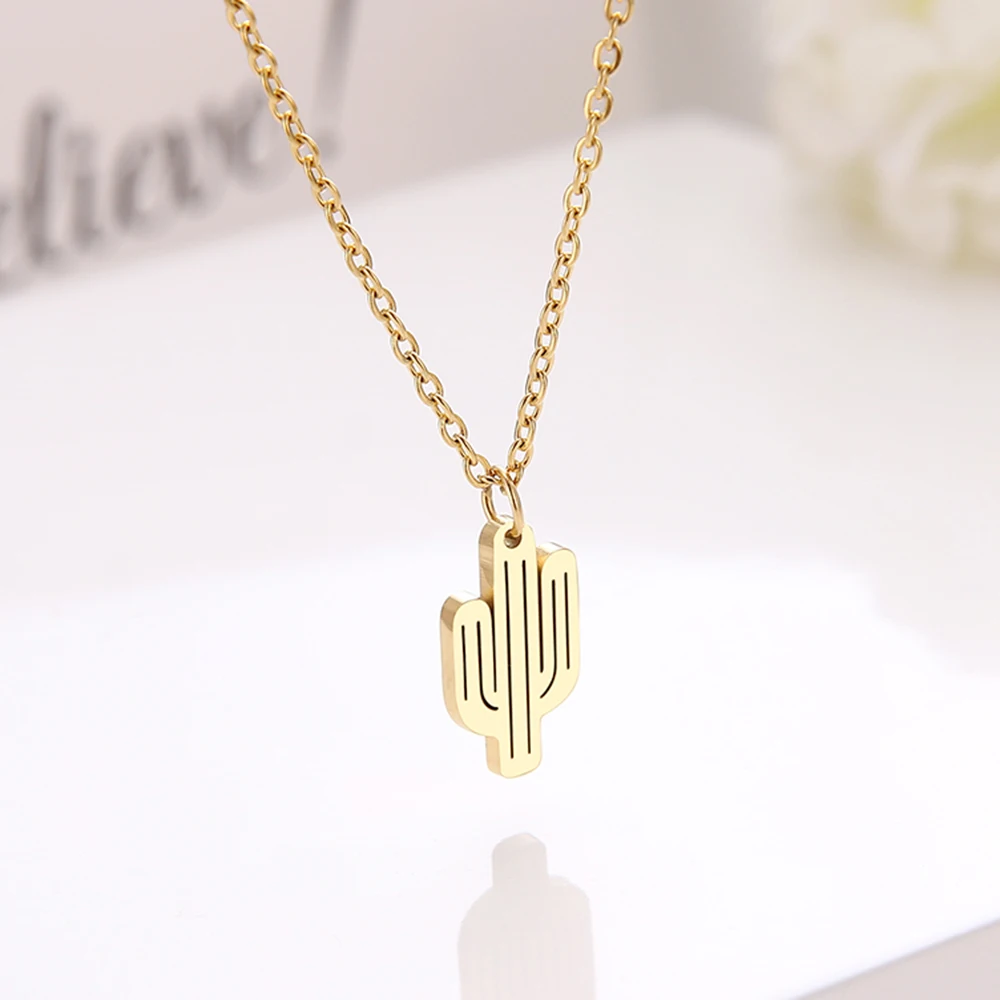 

CACANA Stainless Steel Necklace For Women Hollow Cactus Choker Chain Pendant Gold Necklaces Engagement Jewelry