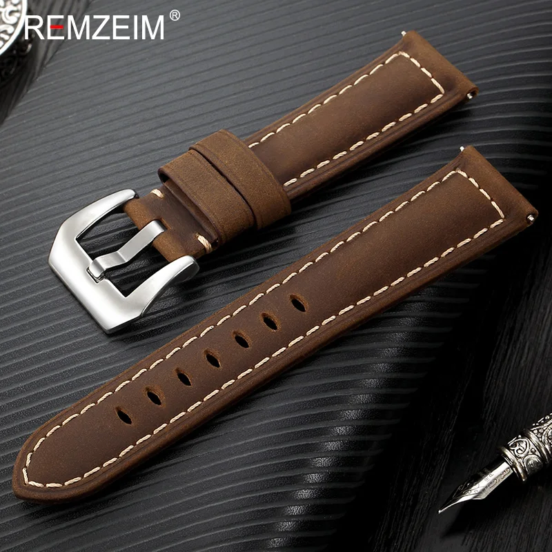 REMZEIM Crazy Horse Skin Cow Leather Watchband 20 22 24 26mm Watch Strap Bracelet Brown Black Green Replacement Watchband