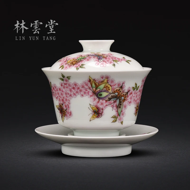 Yuntang hand-painted peach colored enamel butterfly play only three tureen jingdezhen ceramic kunfu tea tea cup by hand