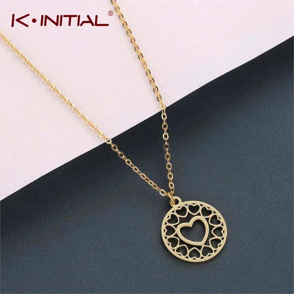 Kinitial Womens Heart Pendant & Necklace Stainless Steel Geometric Hollow Face HeartBeat Map Necklace Statement Chain Jewelry