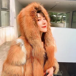 2022 New Luxury Red Silver Fox Fur Hooded Coats Women Winter Warm Outerwear High Quality Genuine Fox Fur   Thick Fur Coat