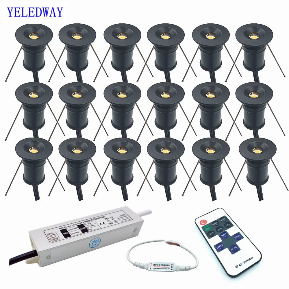 

12V Mini LED Spot Downlights 1W Dimmable Ceiling Lamp Set Remote Controller 15mm Recessed Black Silver White Cabinet Spot Lights