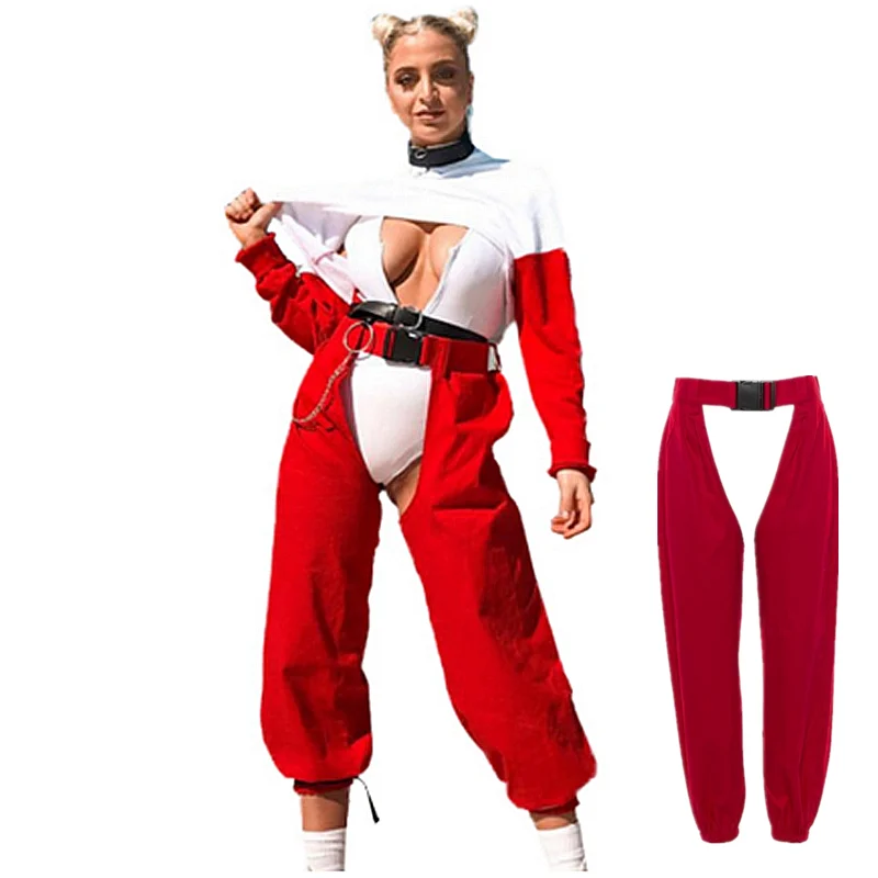 

Women Sexy Red Hip Hop Pants Ladies Open Trousers Punk Buckle High Waist Jogging Sweatpants For Singers Rave DJ Gogo Dancer