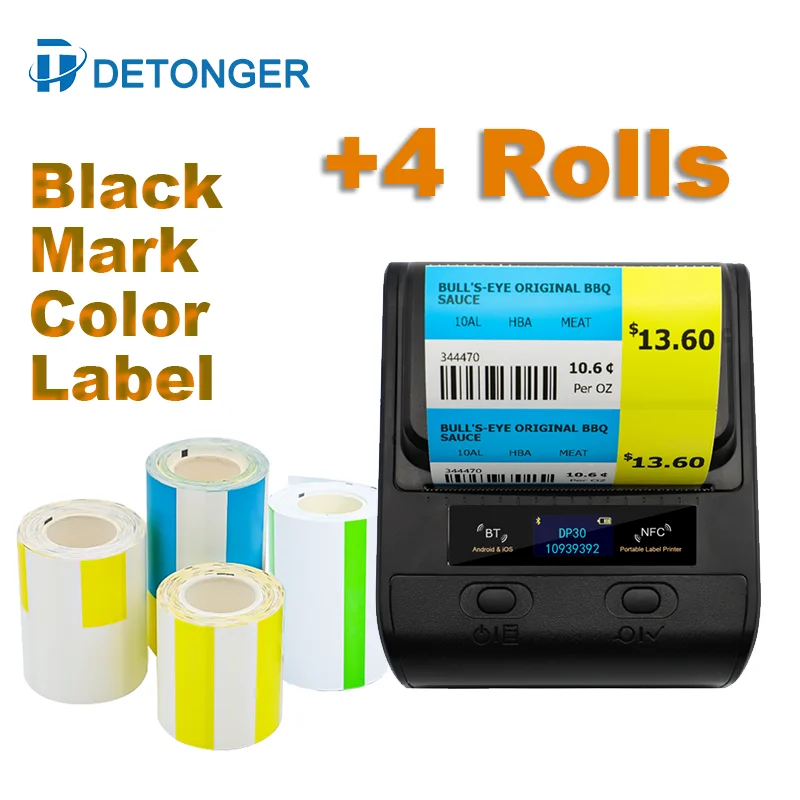 DETONGER DP30S 30-80mm Mini Portable Thermal Printer Plus 4 Rolls Black Mark Label Sticker BT Barcode Maker  Android / iOS