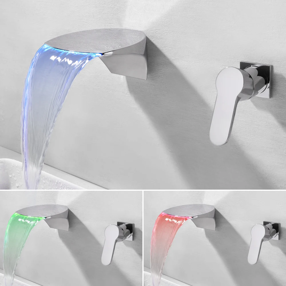 

SKOWLL Waterfall Bathtub Faucet Wall Mount 3 Color LED Tub Filler Faucet 2 Hole Bathroom Sink Faucet, Polished Chrome HG-292