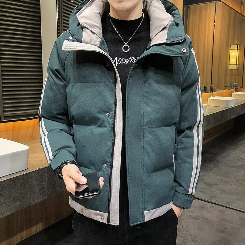 Coat Winter Men Casual Thick Hooded Down Jacket College Style Striped Long Sleeve Down Jacket Black/Green Warm Parkas Plus Size