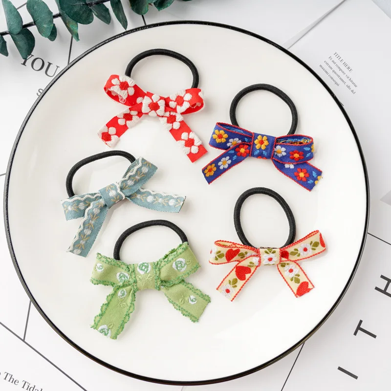 New Children's Bow Hair Rope National Wind Embroidery Cute Small Crushed Strawberry Multi-color Hair Ring Head Rope