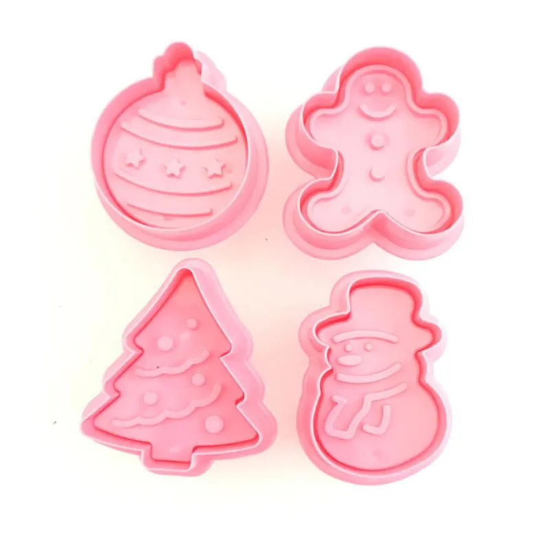 4pcs Cute Baking Biscuit Cutter Mould Plunger Christmas Tree Snowman Cookie Mold Kitchen Baking Cutting Tool Reusable