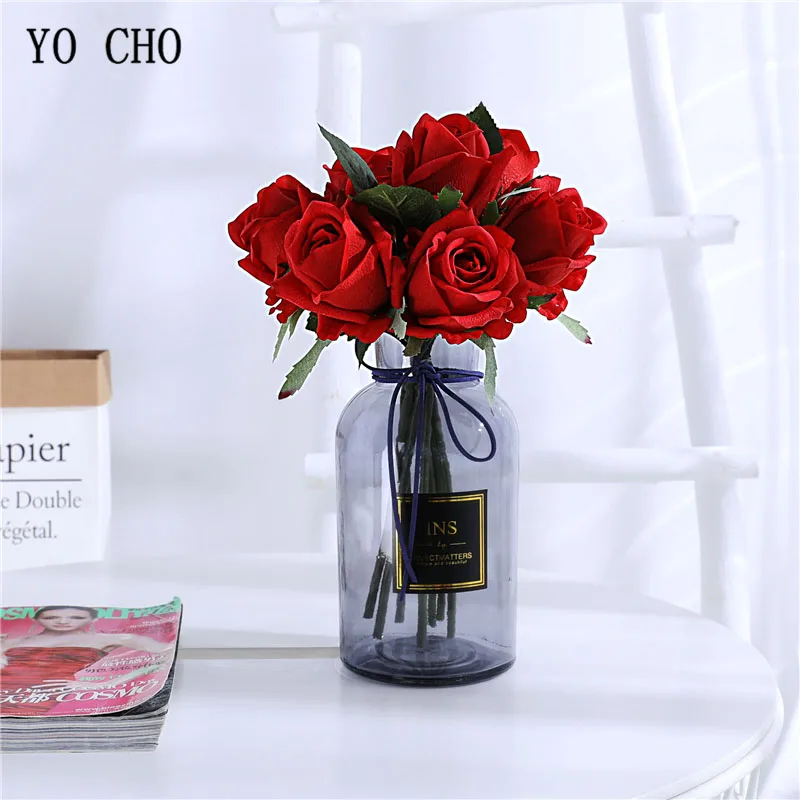 YO CHO 7 Heads Silk Rose Flower Bundle Wedding Christmas Decoration Home Vase Fake Flore Ornamental Flowerpot Artificial Flowers