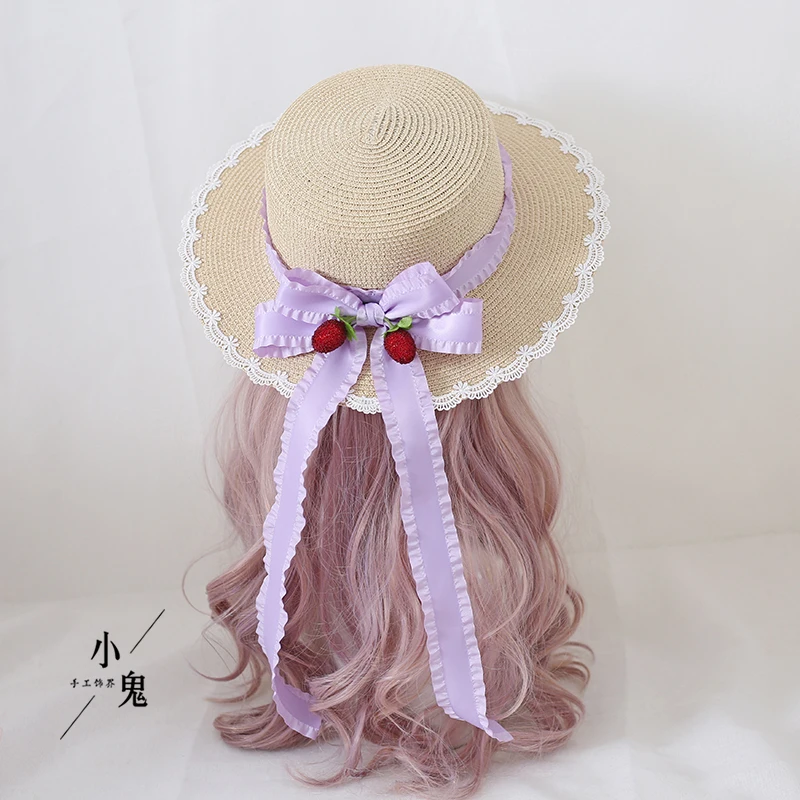 Bowknot Wide Brim Straw Hat Mori Style Berry Bow Sunhat Lo Niang Pastoral Style Lolita Hat image 4