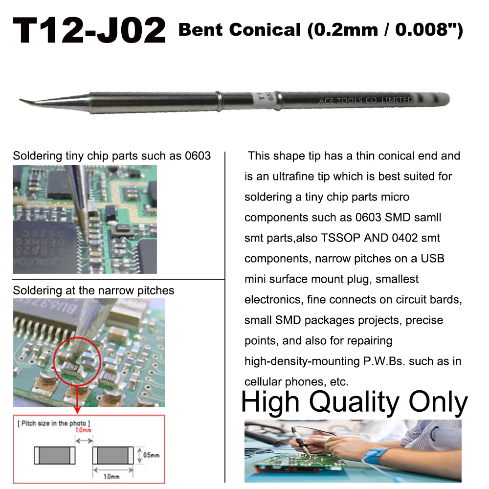 T12-J02 Membungkuk Kerucut 0.2Mm Ujung Solder untuk HAKKO FX-951 FX-950 FX-952 FX-9501 FM-2028 FM2027 Pegangan Besi Penggantian Bit