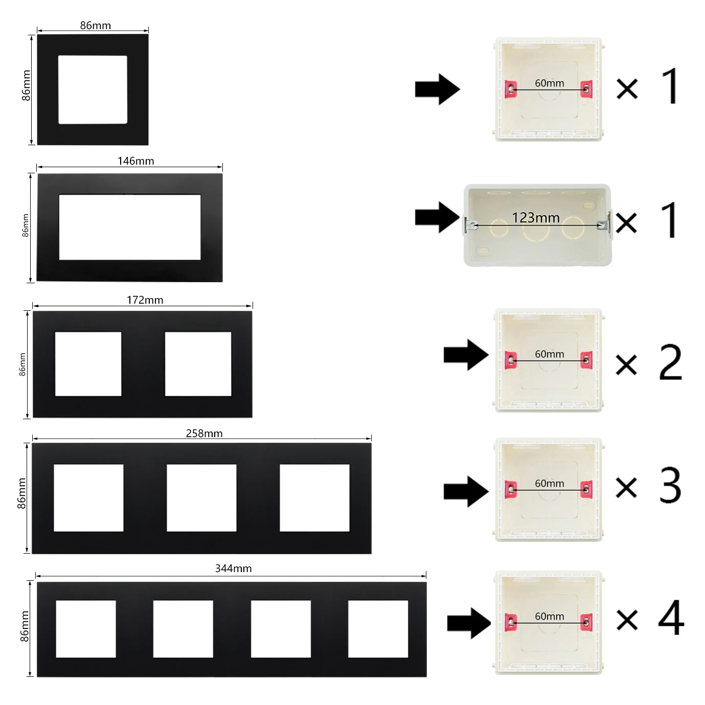 S Series- Customize Black Plastic Frame DIY Socket Power Outlet Free Combination Single Double Triple Quadruple Panel