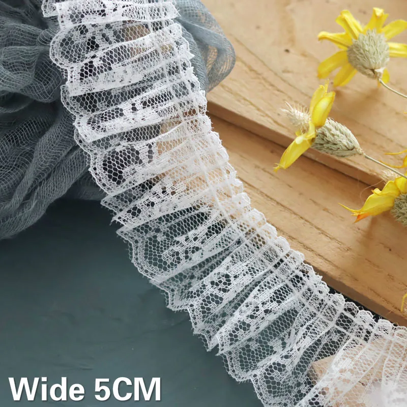 5CM Wide Luxury White Tulle Yarn Lace Pleated Mesh Fabric 3d Flowers Ruffle Trim Ribbon Dress Apparel DIY Fringe Sewing Supplies