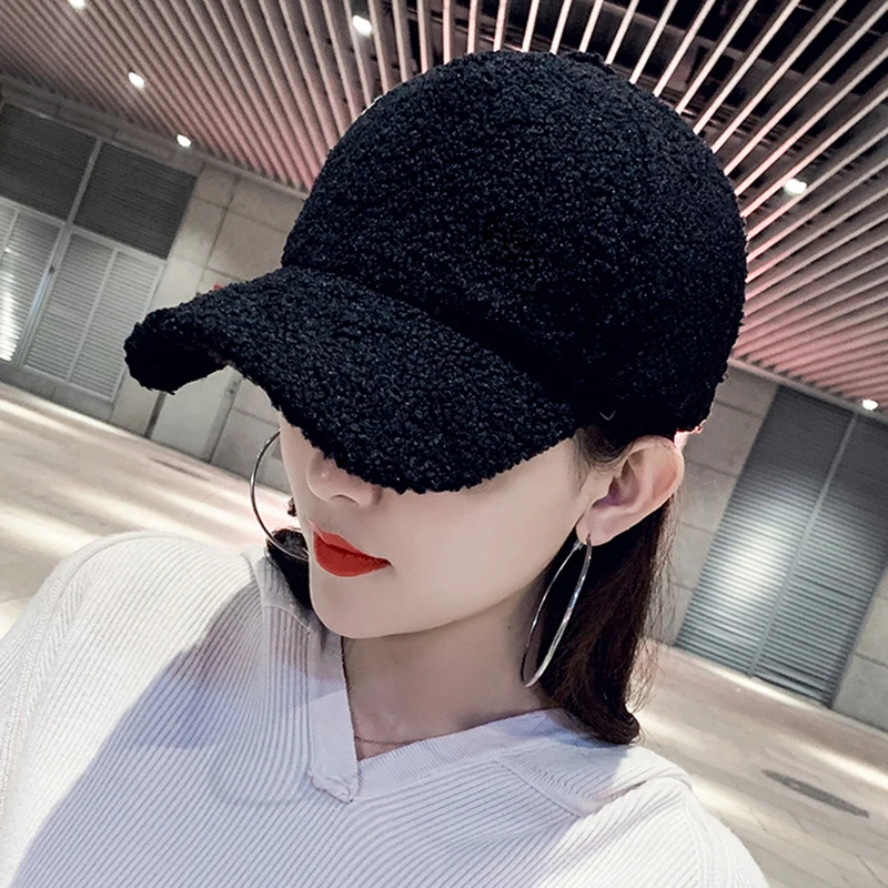 Gorra de béisbol de lana de felpa para hombre y mujer, gorro cálido de lana de cordero de Color sólido, con letras, con visera, de Golf