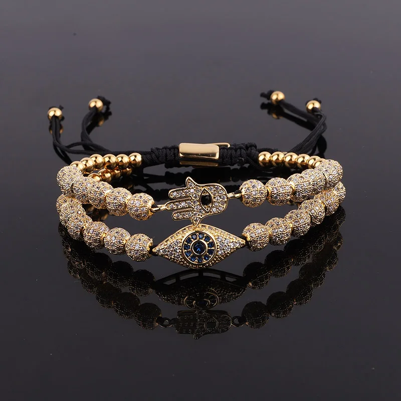 New Design Luxury Men Jewelry Gold Plated CZ Pave Eye Hand Charm Beaded Macrame Bracelet Set Male