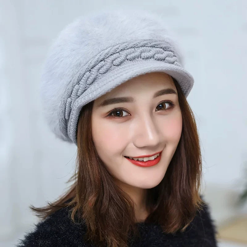 FashionWomen Hats For Cold Winter Crochet Slouchy Beanies Solid Knitted Caps Rabbit Fur Lady Winter Visor Brim Beanie Hat