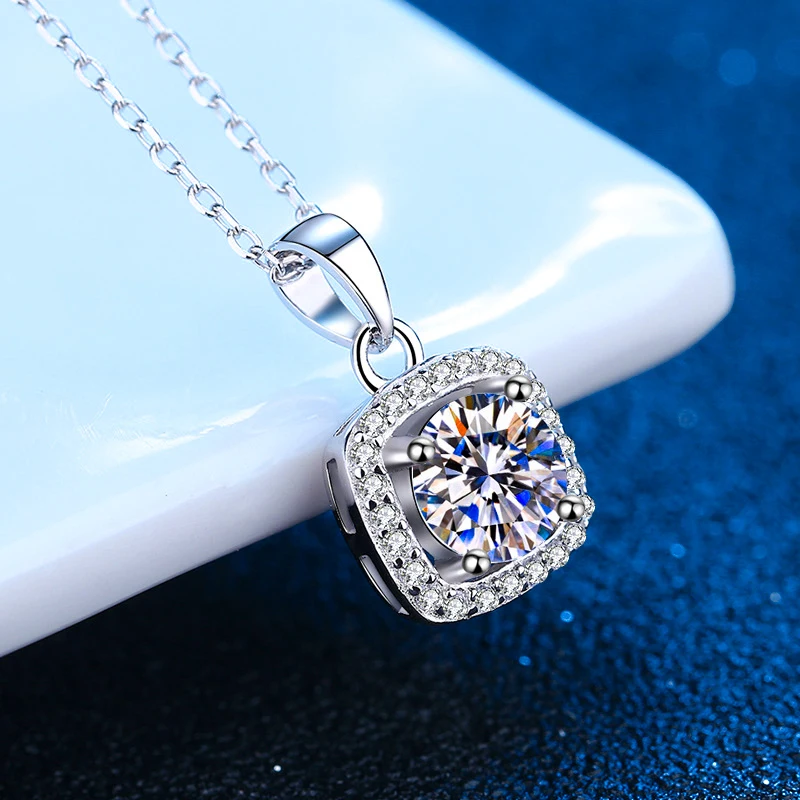 Real Moissanite Necklace 1CT 2CT Sterling Silver VVS Lab Diamond Halo Pendant Necklace for Women Girls Birthday Gift Jewelry