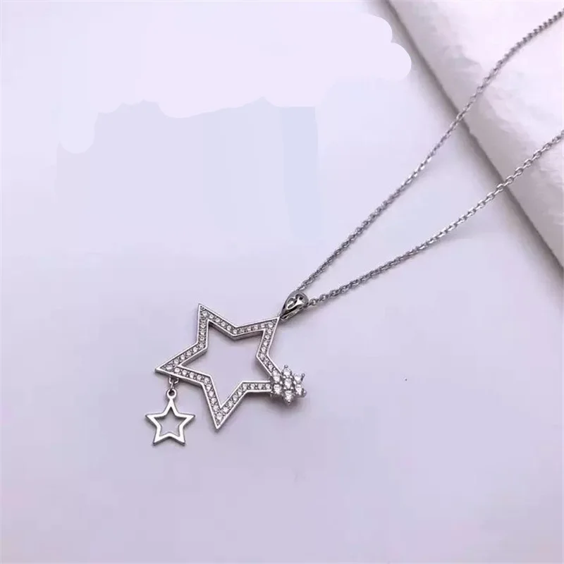 Original 925 Sterling Silver Women Charms Inlay Zircon Luxury Maiden Long Cross Chain Pendant Necklace Stylish Star Fine Jewelry