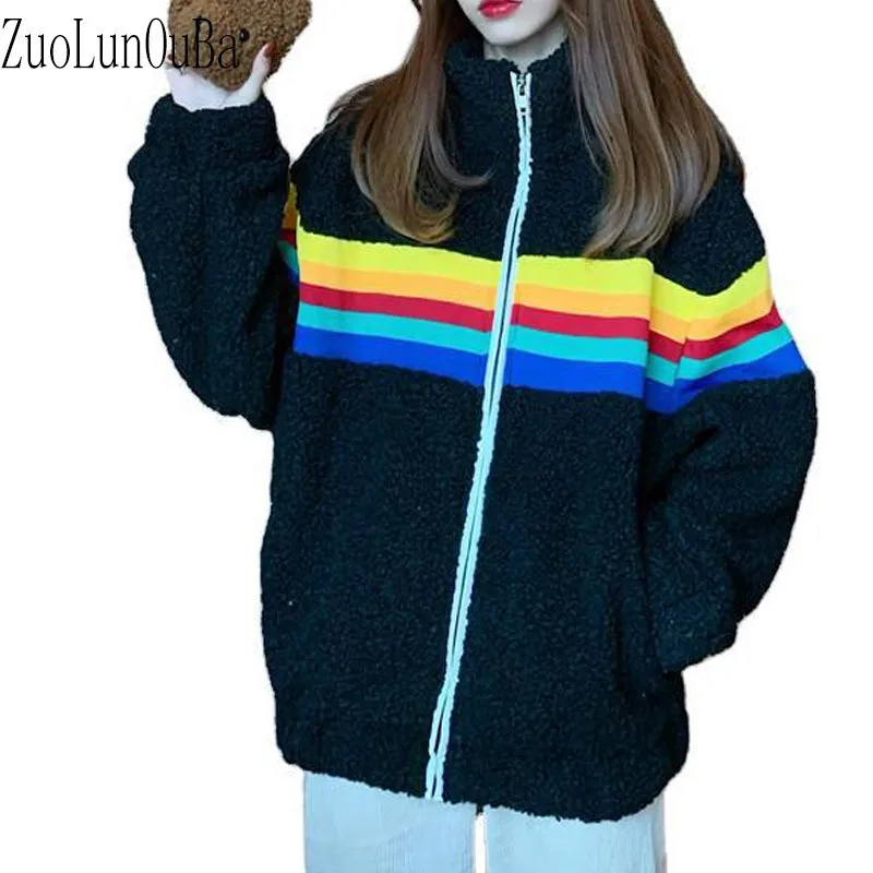 Autumn Winter Coat Women Hoodies Thicken Fashion Lucky Rainbow Harajuku Zipper Cashmere Sweatshirt Long Sleeve Black Tops Loose